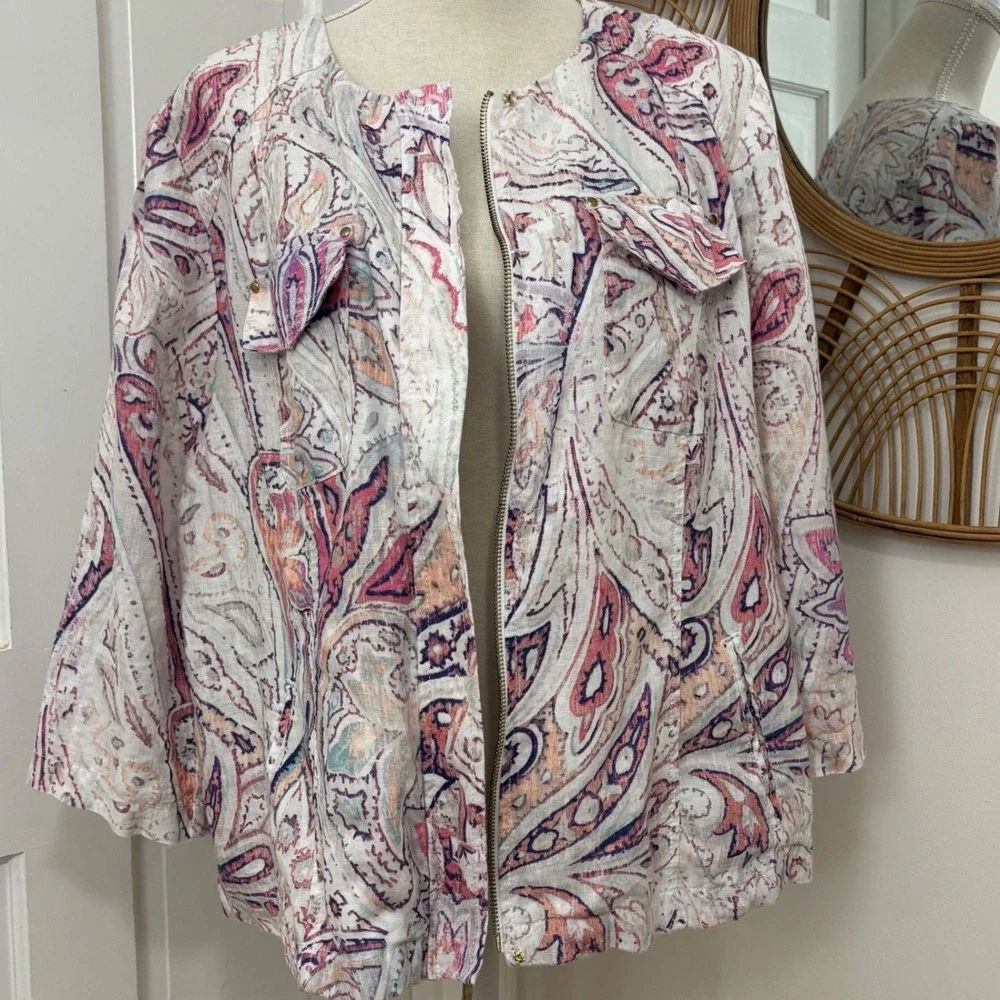 Chico's Linen Zip Up Jacket Shacket Sz 3 (XL) Boho Chic Coastal Paisley Career